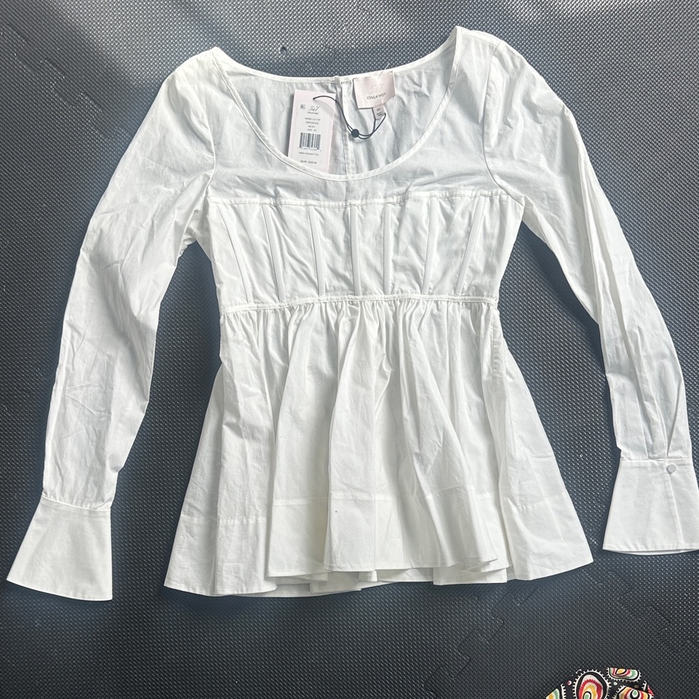 New Cinq a Sept White Long-Sleeve Peplum Scoop Neck Blouse XS